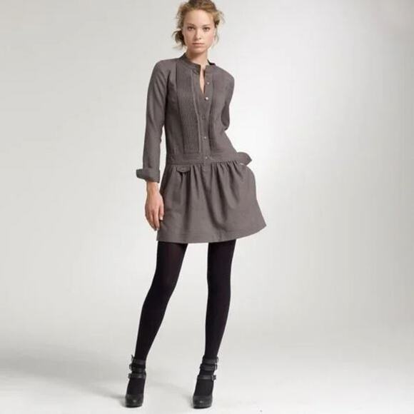 J. Crew 100% Merino Wool Pintuck Dropped-Waist Shirt Dress Brown Womens Size 6 - Picture 1 of 14